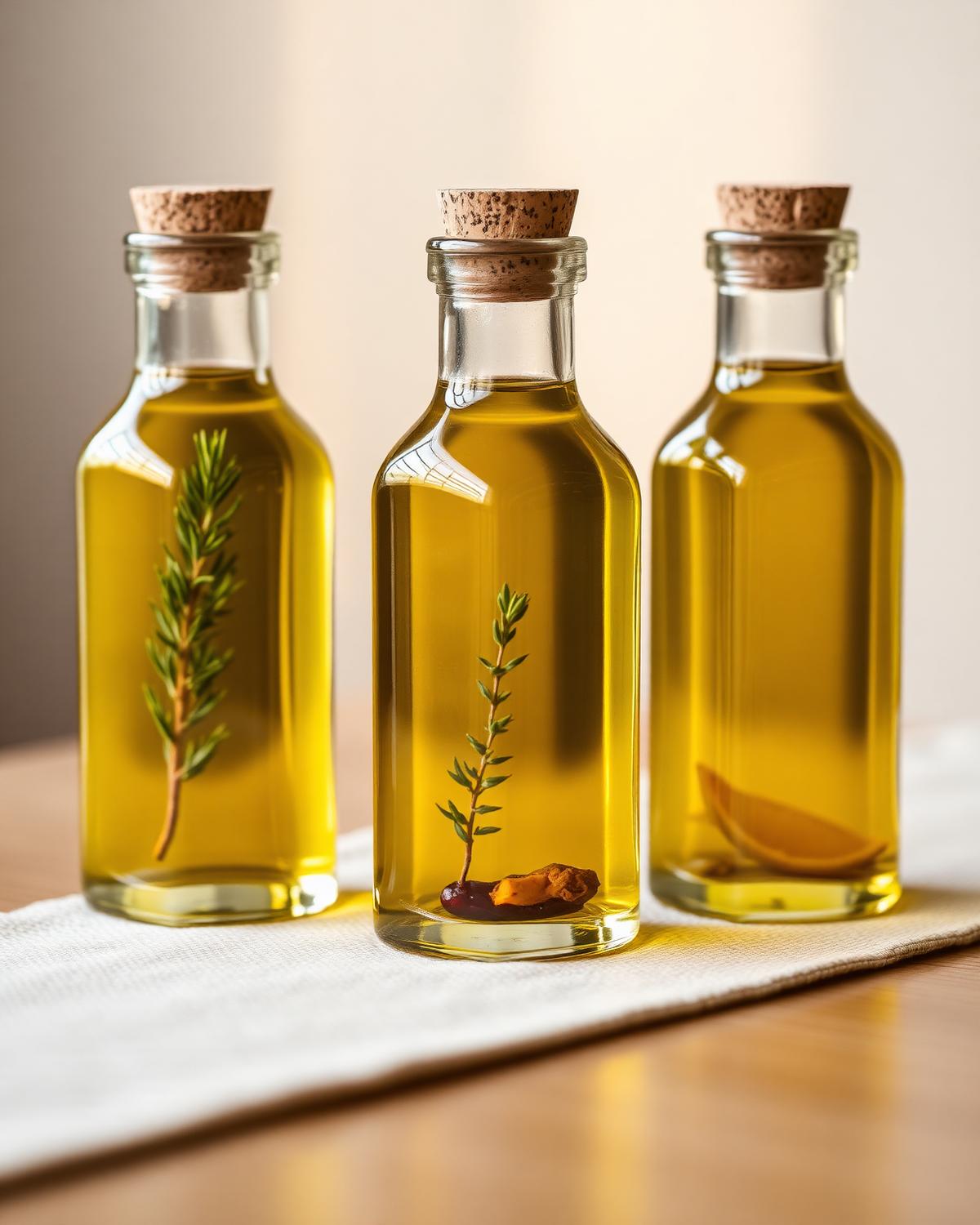 Three finished custom olive oil infusions with herbs and citrus suspended in golden oil
